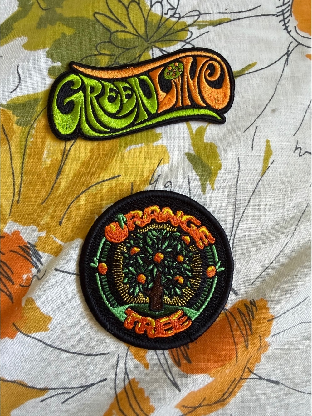 Green Line and Orange Tree Embroidered Iron-On Patches Set